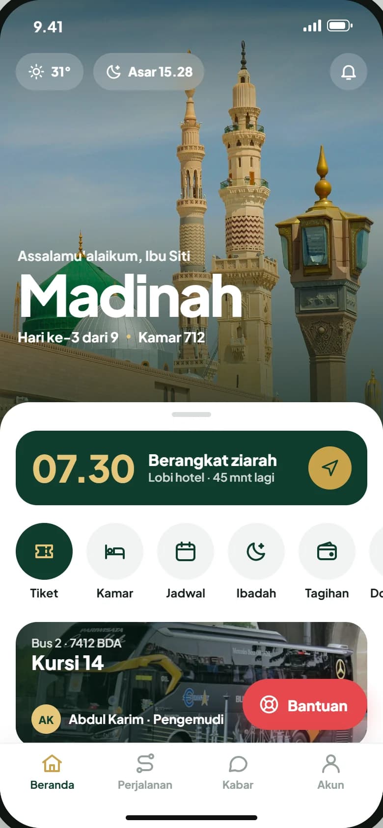 Aplikasi peserta di Madinah: hari ke-3, jadwal berangkat ziarah, kursi bus, dan tombol Bantuan