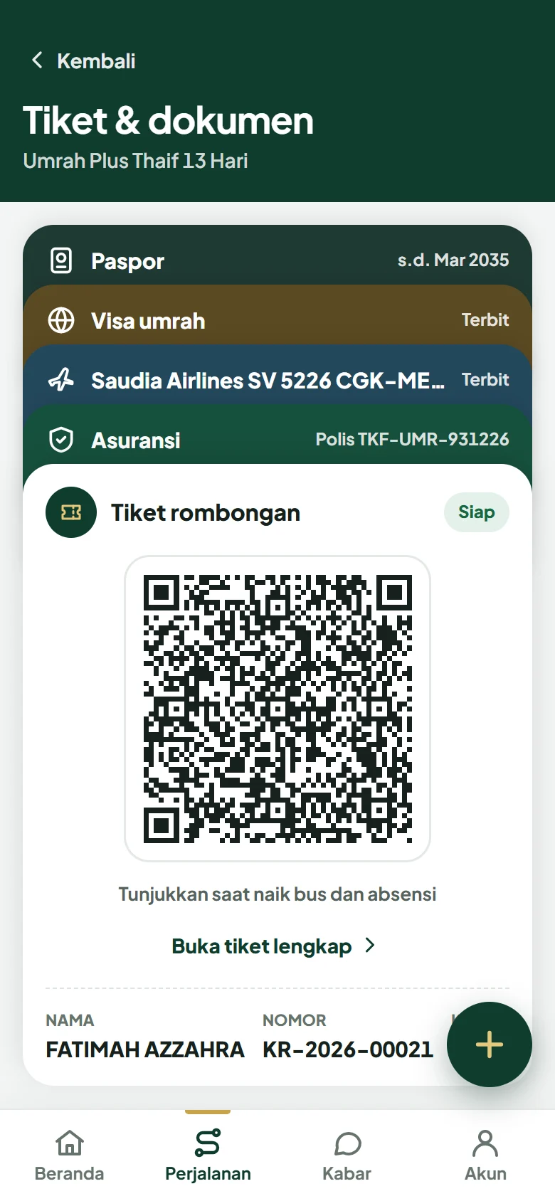 Aplikasi peserta: tiket rombongan ber-QR bersama paspor, visa, penerbangan, dan asuransi